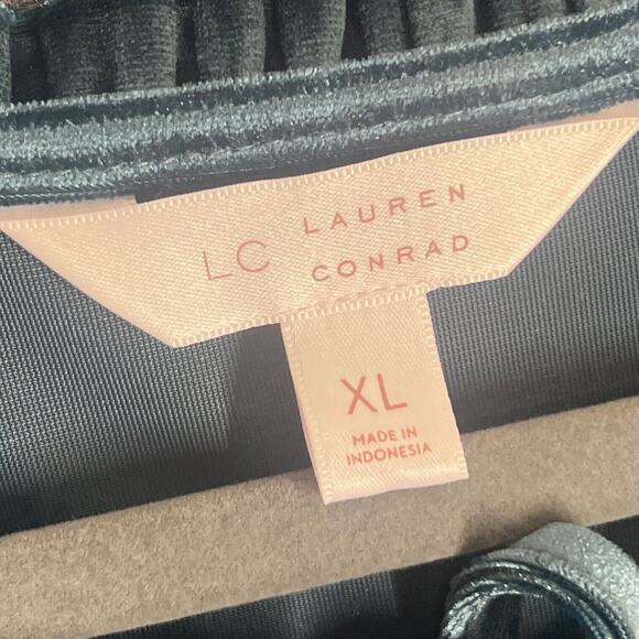 LC Lauren Conrad Velvet Babydoll Dress X-Large Teal Green Tie Ruffle Neck Tiered - Picture 4 of 9